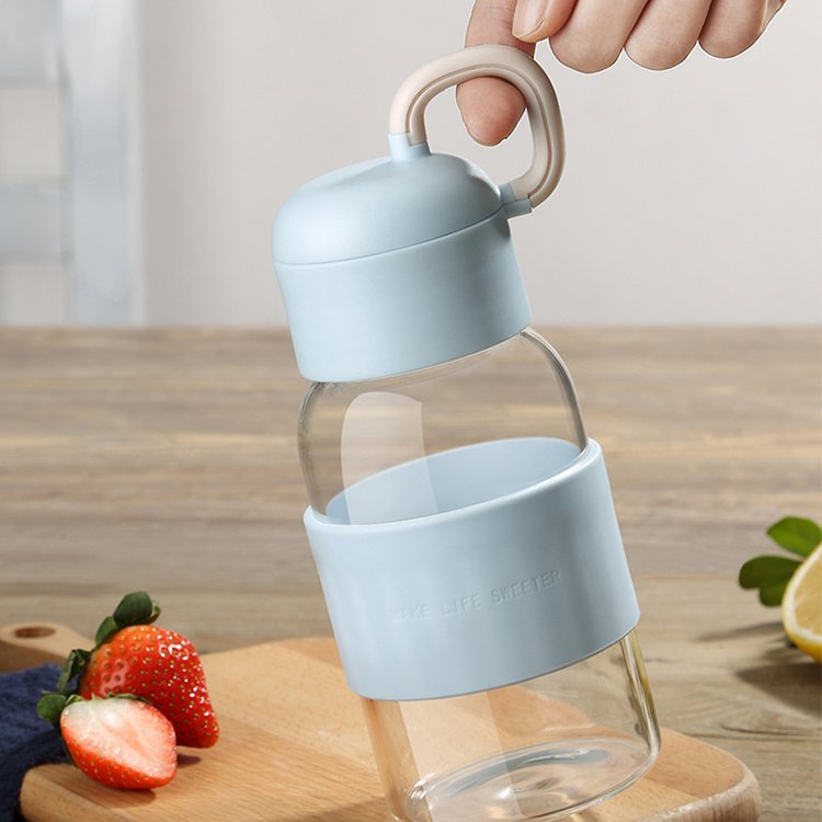 Glass Water Bottle With Silicone Sleeve 0612 360ML Eco Wholesale Customize Logo Handle Milk Juice Glass Drinking Bottle