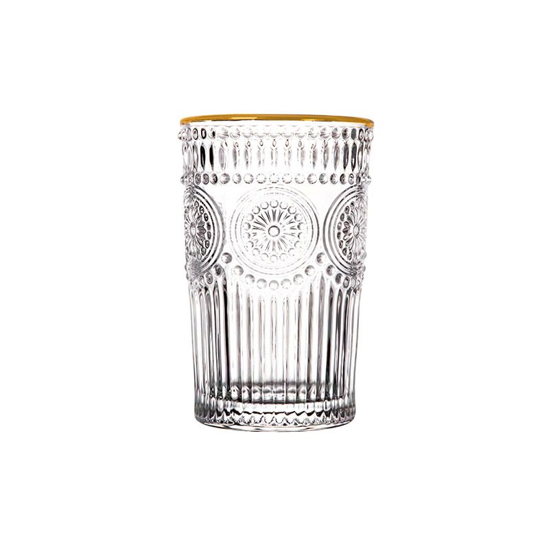 Vintage embossed glass water bottle whiskey glass cup with gold rim