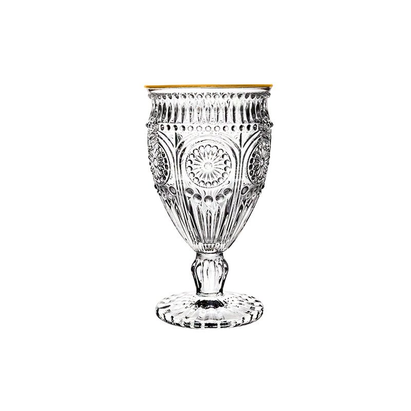 Vintage embossed glass water bottle whiskey glass cup with gold rim
