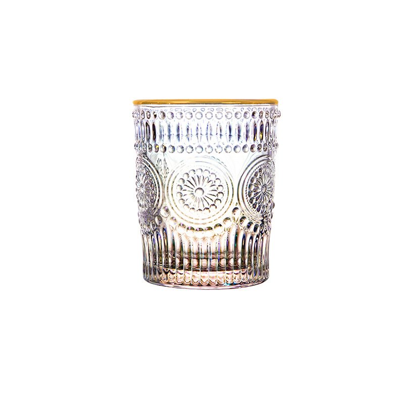 Vintage embossed glass water bottle whiskey glass cup with gold rim