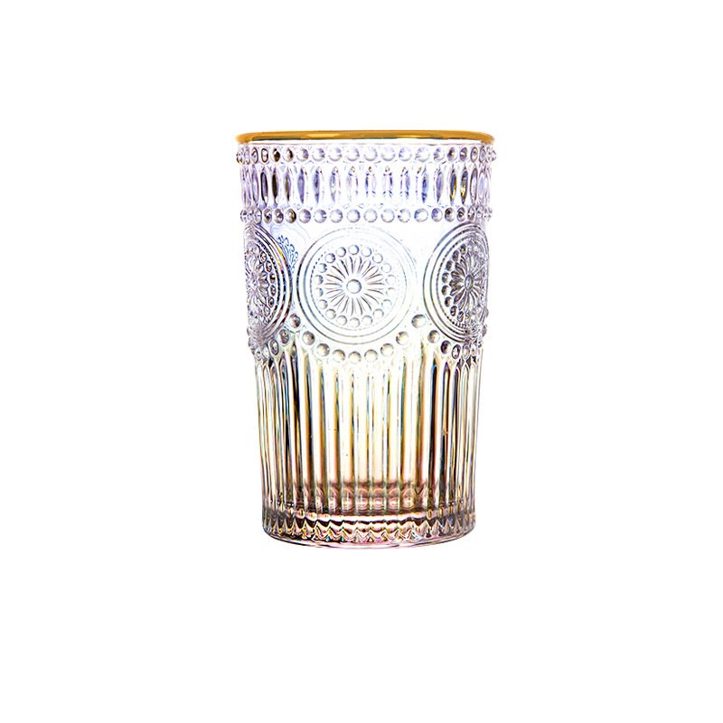 Vintage embossed glass water bottle whiskey glass cup with gold rim
