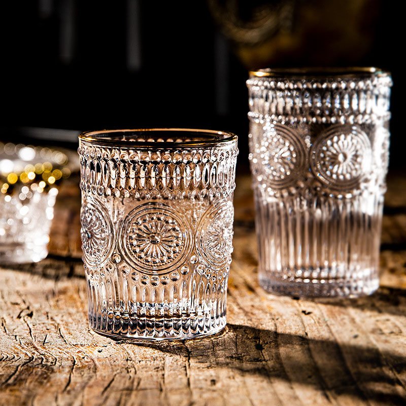 Vintage embossed glass water bottle whiskey glass cup with gold rim