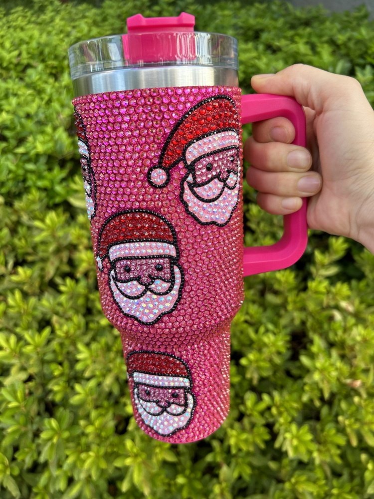 12 Colors Christmas Gifts Hot Pink Bling Rhinestone 40oz Tumblers Christmas Cup Coffee Travel Mugs with Handle
