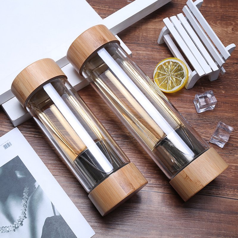 2019 New Products Custom Logo Bamboo Lid Crystal Double Wall Borosilicate Glass Water Bottle With Filter Tea Infuser
