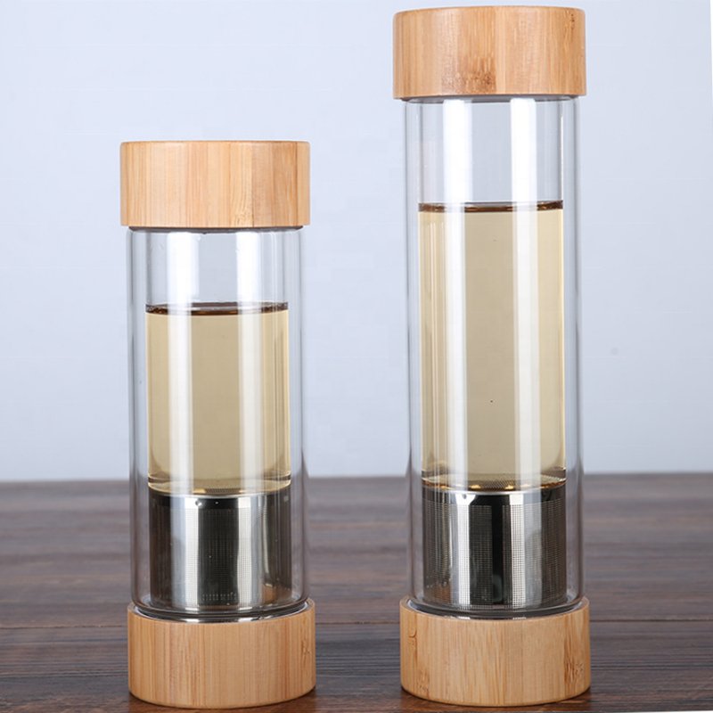 2019 New Products Custom Logo Bamboo Lid Crystal Double Wall Borosilicate Glass Water Bottle With Filter Tea Infuser