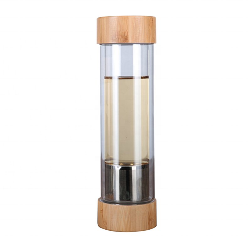 2019 New Products Custom Logo Bamboo Lid Crystal Double Wall Borosilicate Glass Water Bottle With Filter Tea Infuser