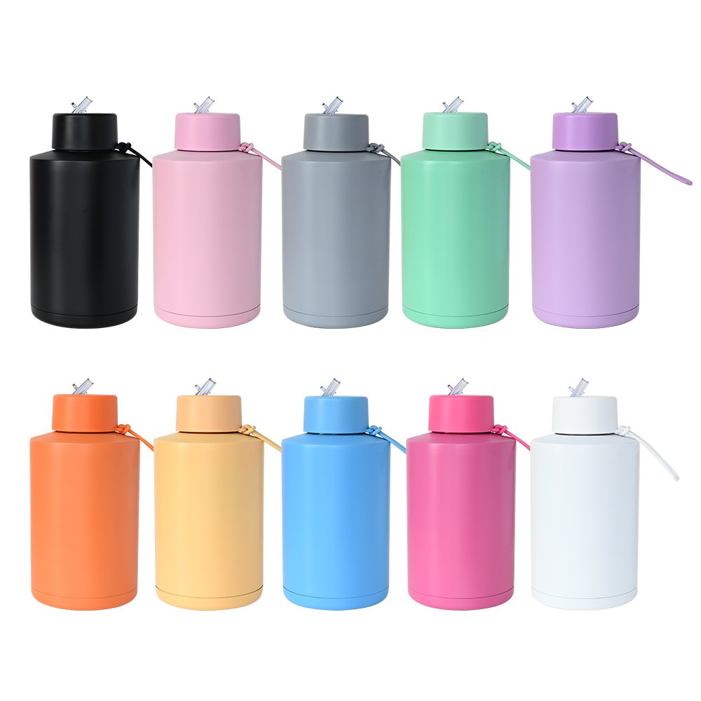 Custom 68oz 2litre stainless steel vacuum flask reusable double wall insulated 34oz ceramic water bottle with straw