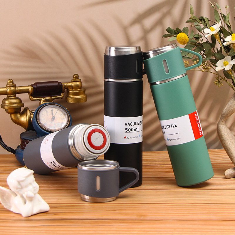 colorful 500ml Two Cups Gift Set insulated double wall stainless steel vacuum flask gift thermos set