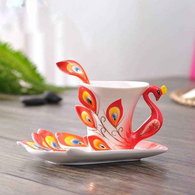 Customized Logo Peacock Ceramic Coffee Mug Set with Saucer and Spoon