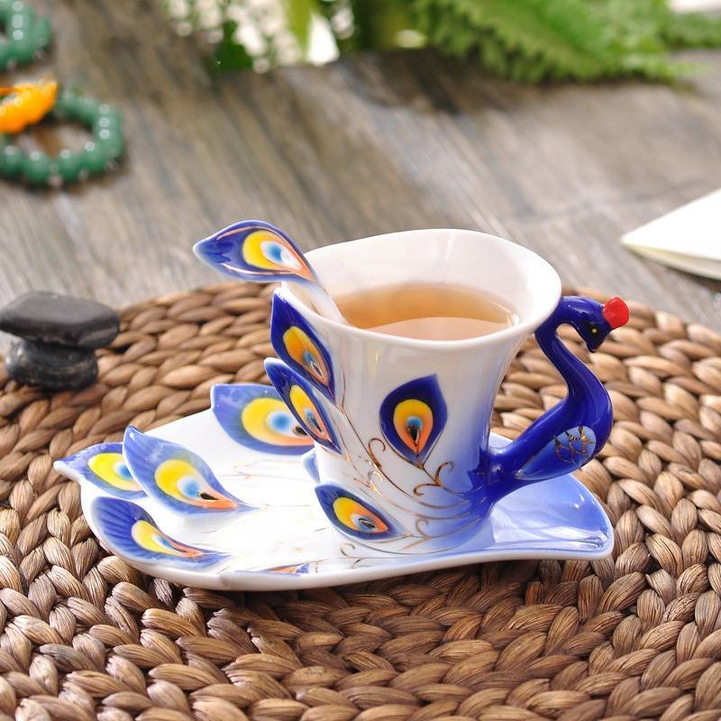 Customized Logo Peacock Ceramic Coffee Mug Set with Saucer and Spoon