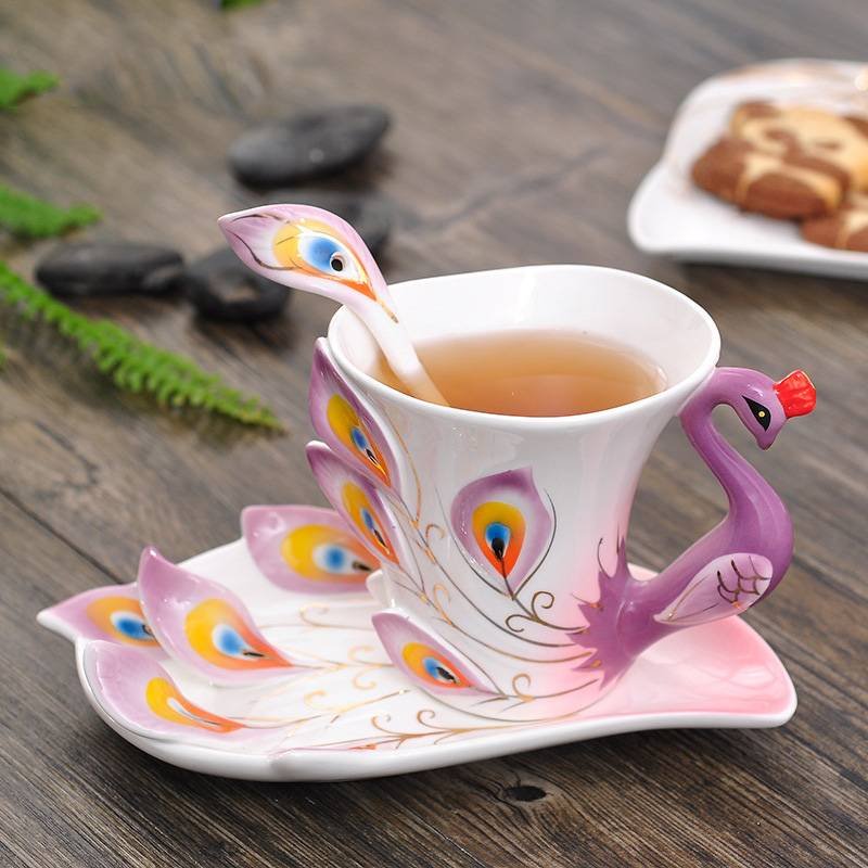 Customized Logo Peacock Ceramic Coffee Mug Set with Saucer and Spoon