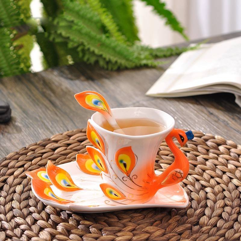 Customized Logo Peacock Ceramic Coffee Mug Set with Saucer and Spoon