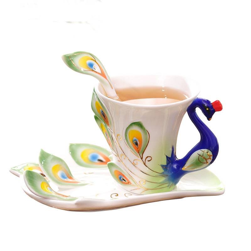 Customized Logo Peacock Ceramic Coffee Mug Set with Saucer and Spoon