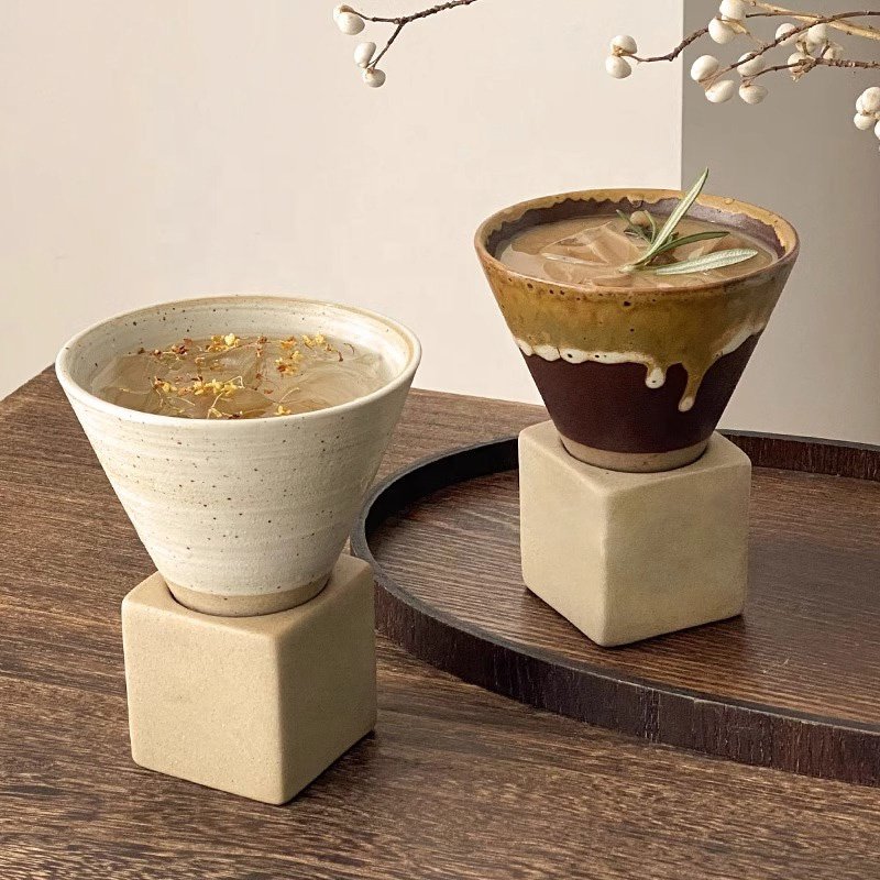 Wabi-sabi Stoneware Funnel Coffee Mugs Pottery Conical Tea Cold Drinks Iced American Cups With Holder