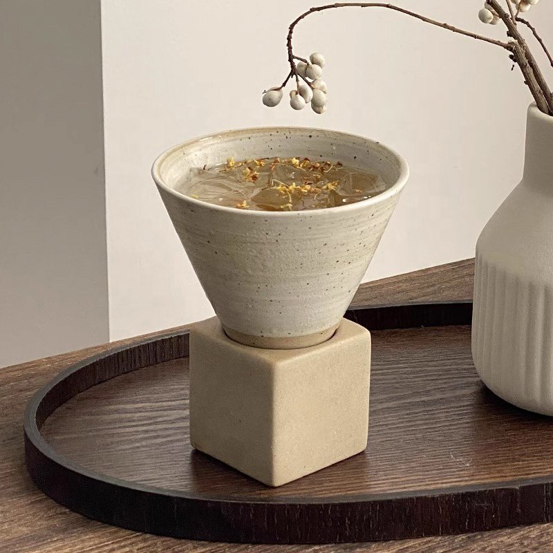 Wabi-sabi Stoneware Funnel Coffee Mugs Pottery Conical Tea Cold Drinks Iced American Cups With Holder