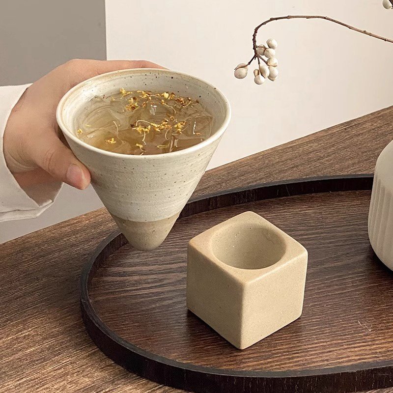 Wabi-sabi Stoneware Funnel Coffee Mugs Pottery Conical Tea Cold Drinks Iced American Cups With Holder