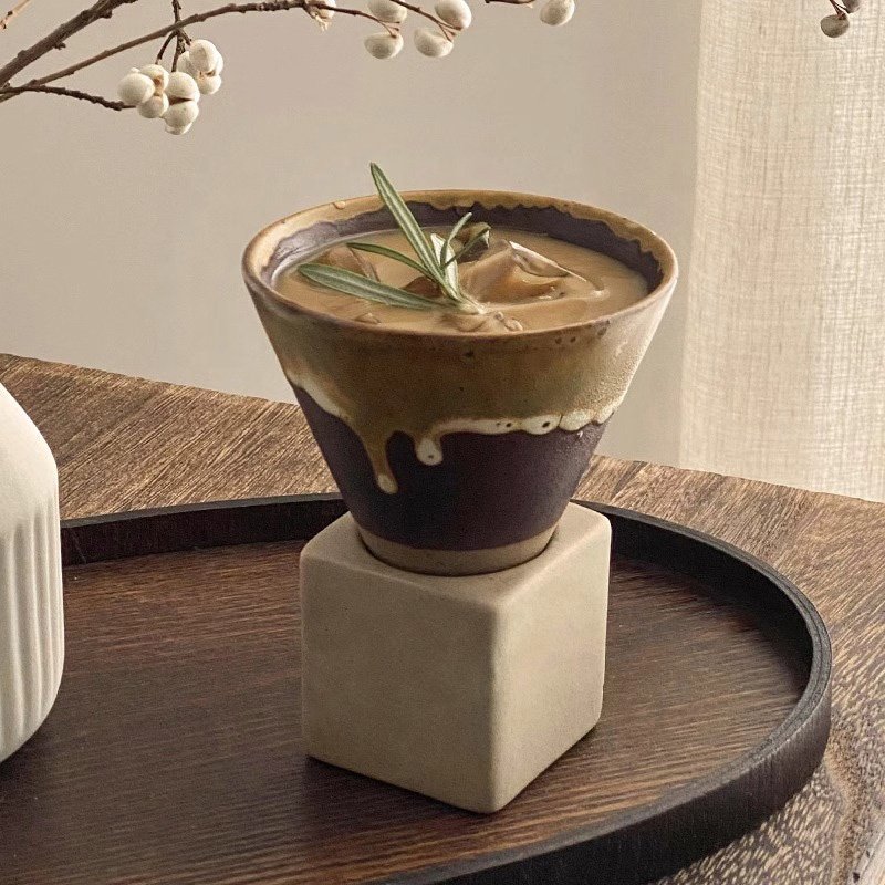 Wabi-sabi Stoneware Funnel Coffee Mugs Pottery Conical Tea Cold Drinks Iced American Cups With Holder