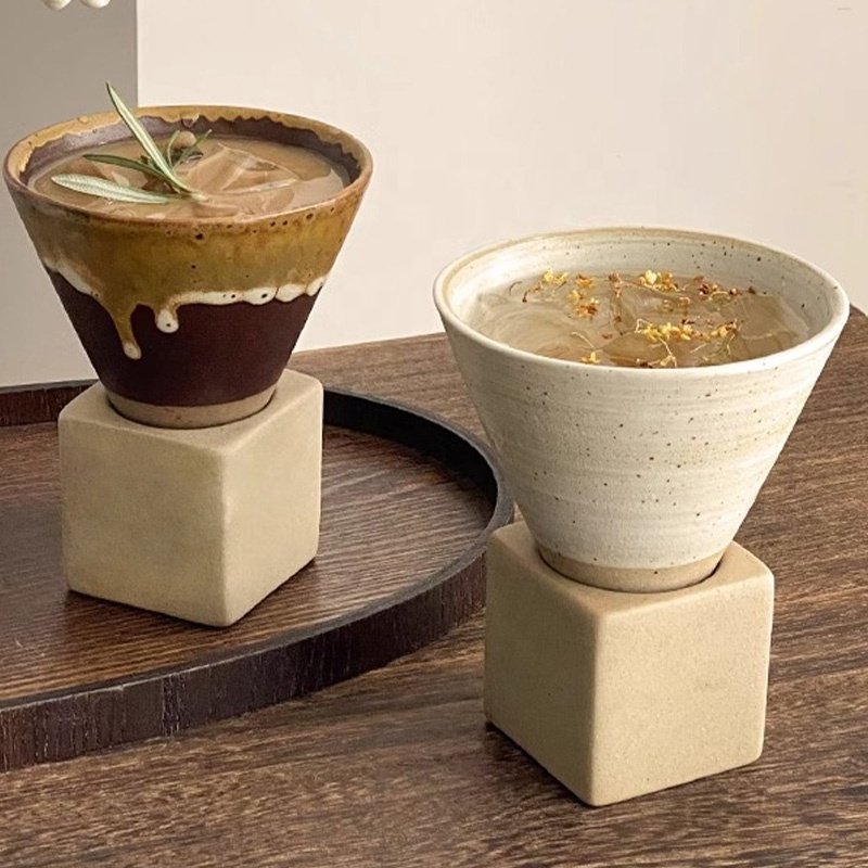 Wabi-sabi Stoneware Funnel Coffee Mugs Pottery Conical Tea Cold Drinks Iced American Cups With Holder