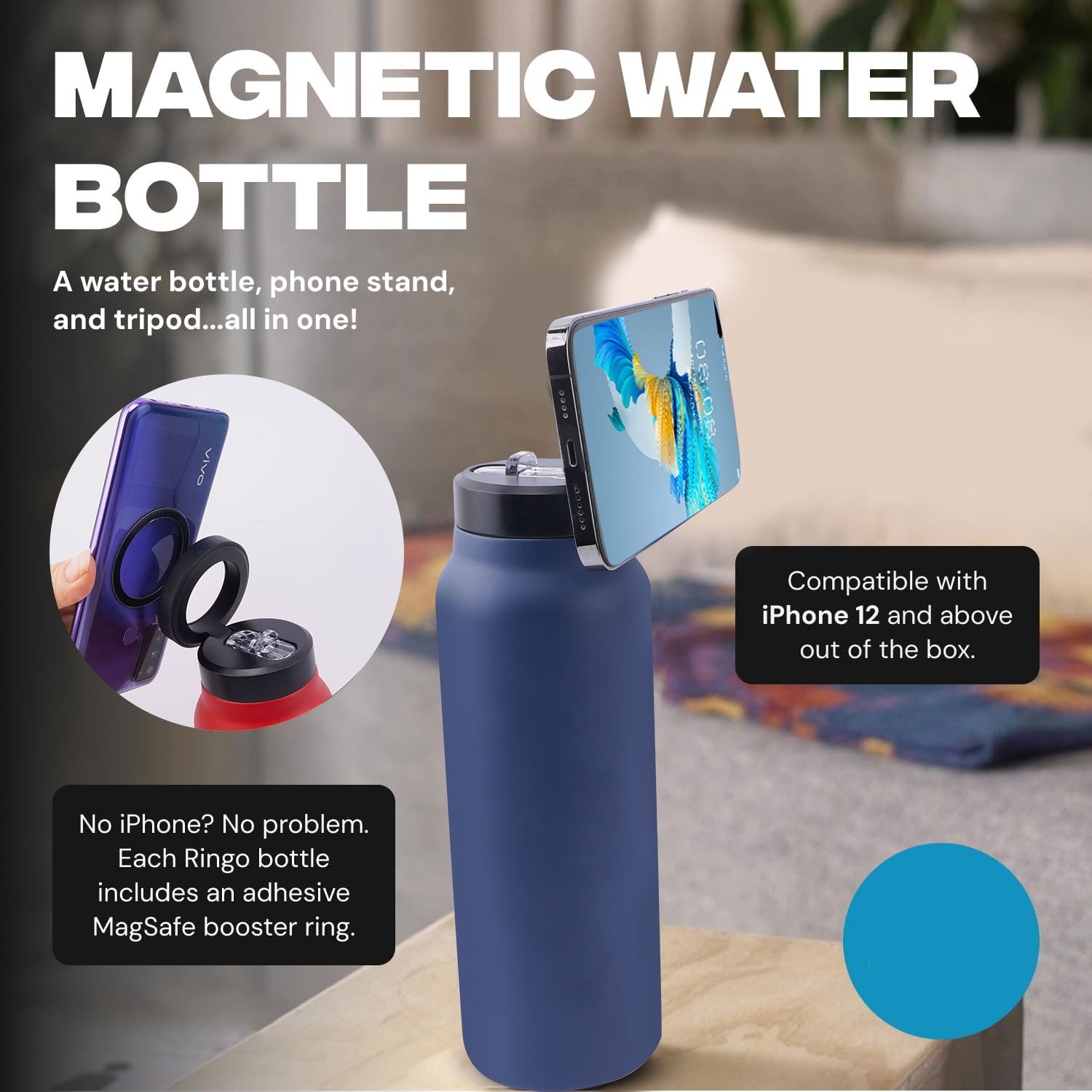 24oz Insulated Magsafe Magnetic Lid Water Bottle Stainless Steel Vacuum Flask & Thermos