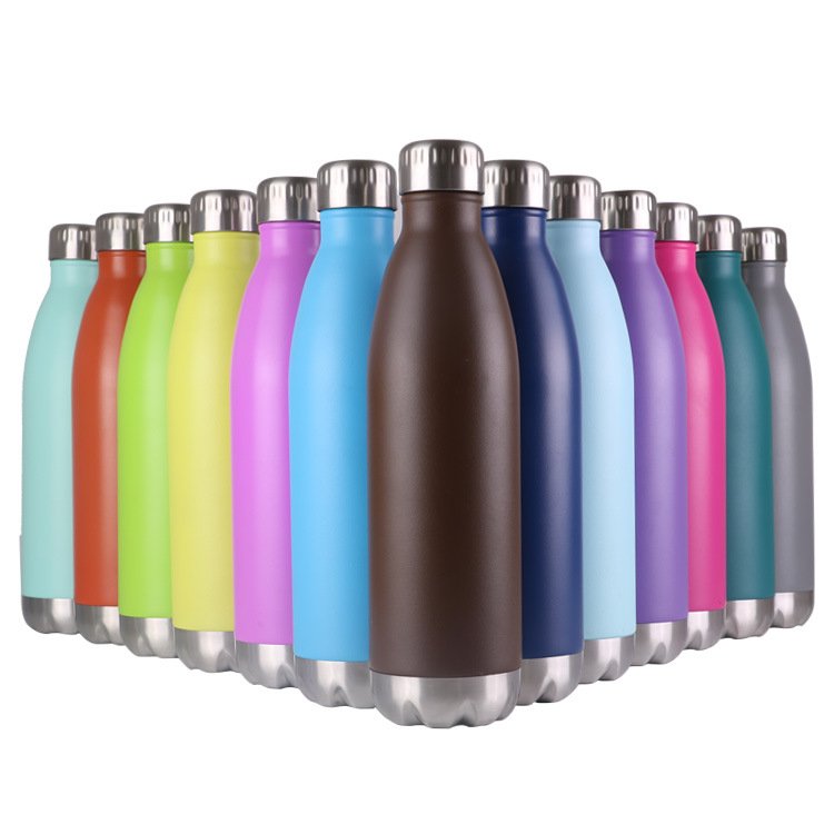 Custom logo available double wall vacuum insulated painted powder coated rubber painted stainless steel cola shape water bottle