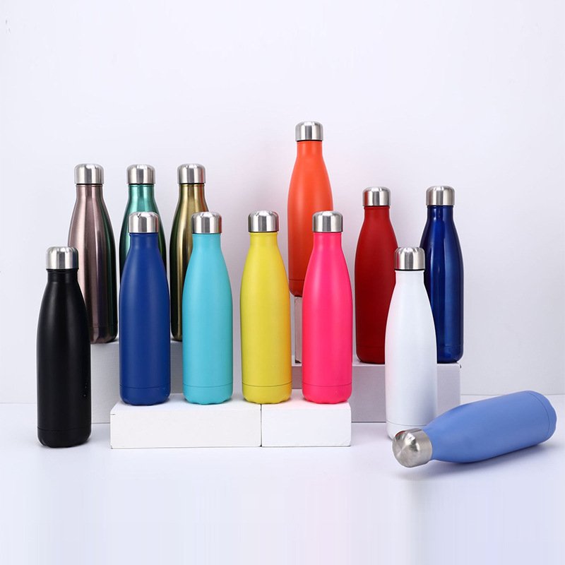 Custom logo available double wall vacuum insulated painted powder coated rubber painted stainless steel cola shape water bottle