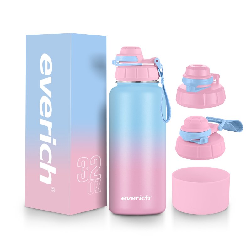 Sports Water Bottle - 32 Oz 3 Lids Spout Lid Leak Proof Vacuum Insulated 18/8 Stainless Steel Double Walled Metal Canteen