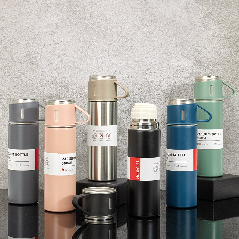 Custom Business Promotional Gifts Packaging Insulated 304 Stainless Steel Vacuum Flask Set With Cup Lid
