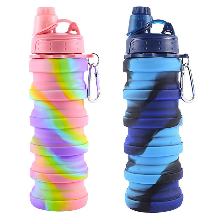 OEM ODM Custom Eco-Friendly Reusable Rainbow Silicone Water Bottle Portable Travel Sports Drinking Collapsible Water Bottle