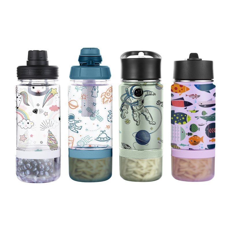 14oz 18oz Kids Plastic Water Bottle Straw Drinking Children BPA Free Kids Drink School Cute Pattern Water Bottle
