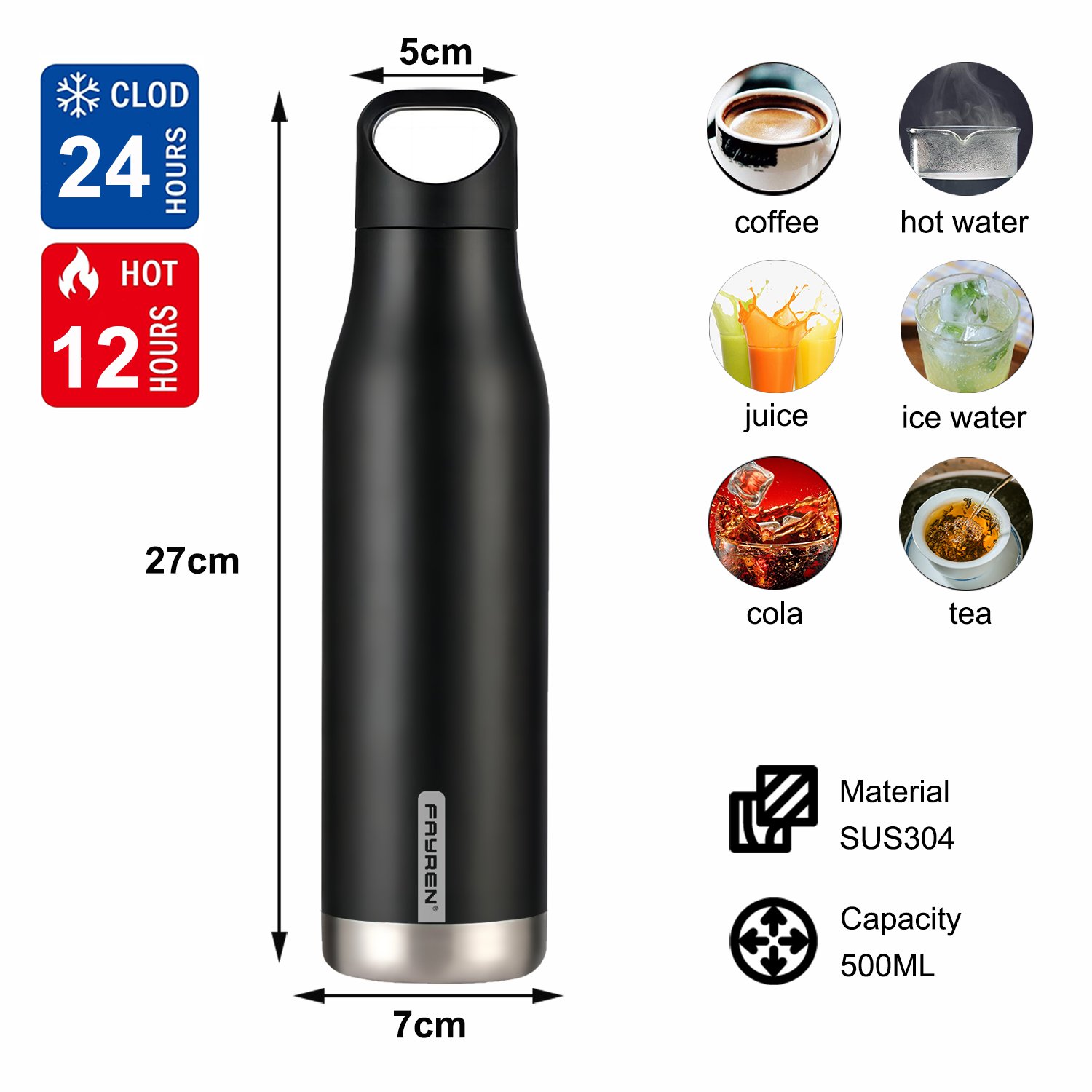 Custom 500ML hot water bottle stainless steel water bottle gym vacuum flask with wood bottom