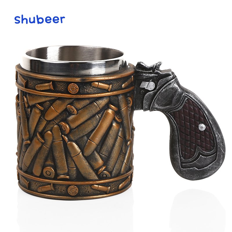 Cool Revolver Pistol Handle Bullet Cup Beer Coffee Gun Shape Handle Mug with Ammo Bullet Round Shells Christmas Halloween Gifts