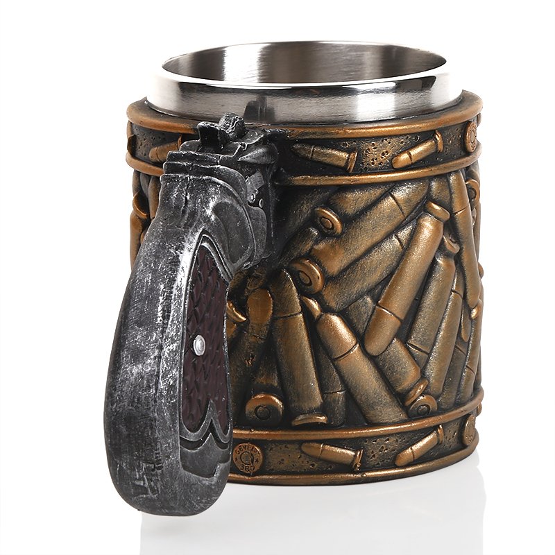Cool Revolver Pistol Handle Bullet Cup Beer Coffee Gun Shape Handle Mug with Ammo Bullet Round Shells Christmas Halloween Gifts