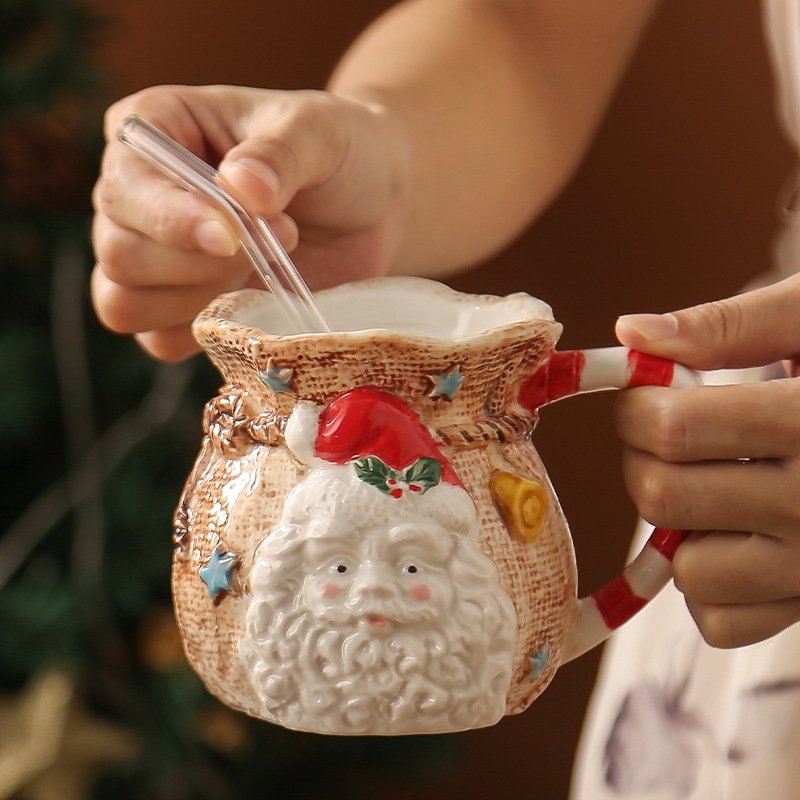 Christmas Gifts Snowman Christmas Mugs vintage Cloth Bag Santa Claus Hand-painted ceramic mug 2024