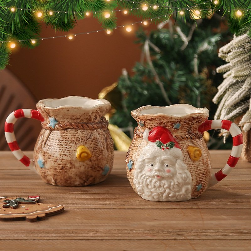 Christmas Gifts Snowman Christmas Mugs vintage Cloth Bag Santa Claus Hand-painted ceramic mug 2024