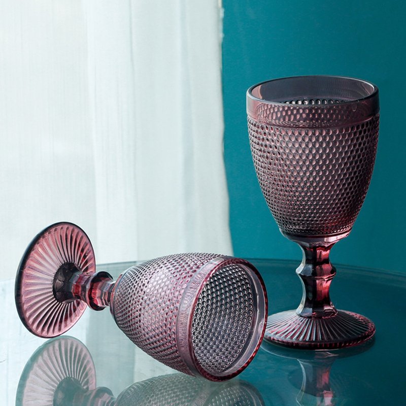 Wholesale Cheap Glassware Red Goblet Wine Glass Colored Vintage Embossed Water And Juice Glass Cup for party wedding