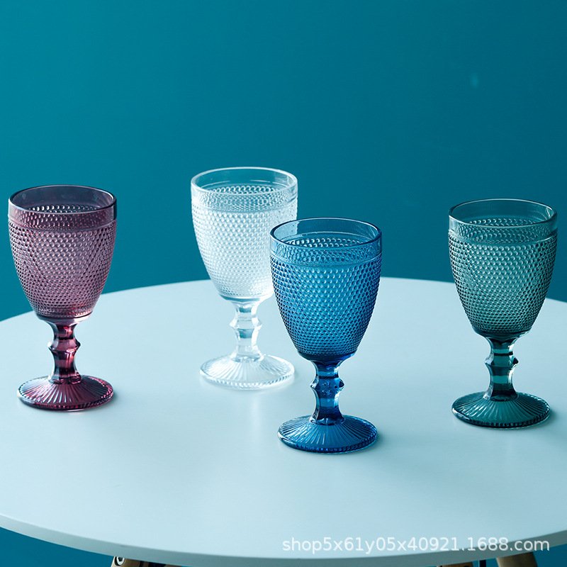 Wholesale Cheap Glassware Red Goblet Wine Glass Colored Vintage Embossed Water And Juice Glass Cup for party wedding