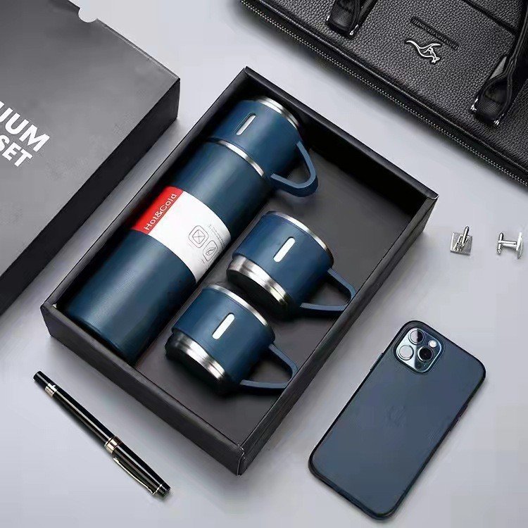 304 Stainless Steel Vacuum Insulated Bottle Set Large Capacity Water Bottle with Three Lids Straight Gift Mug Set