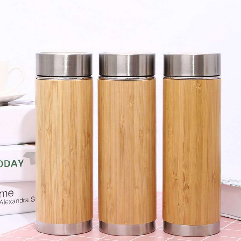 Stainless Bottom Leak Proof Thermos Insulated Bamboo Water Bottle With Strainer