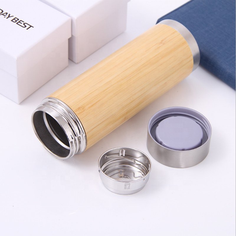 Stainless Bottom Leak Proof Thermos Insulated Bamboo Water Bottle With Strainer
