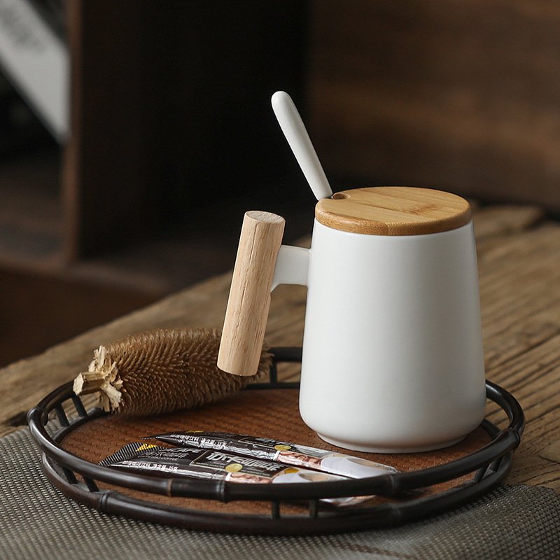 Custom Logo New Matte Ceramic Coffee Mug 455ml Classic Water Cup Set with Wooden Handle