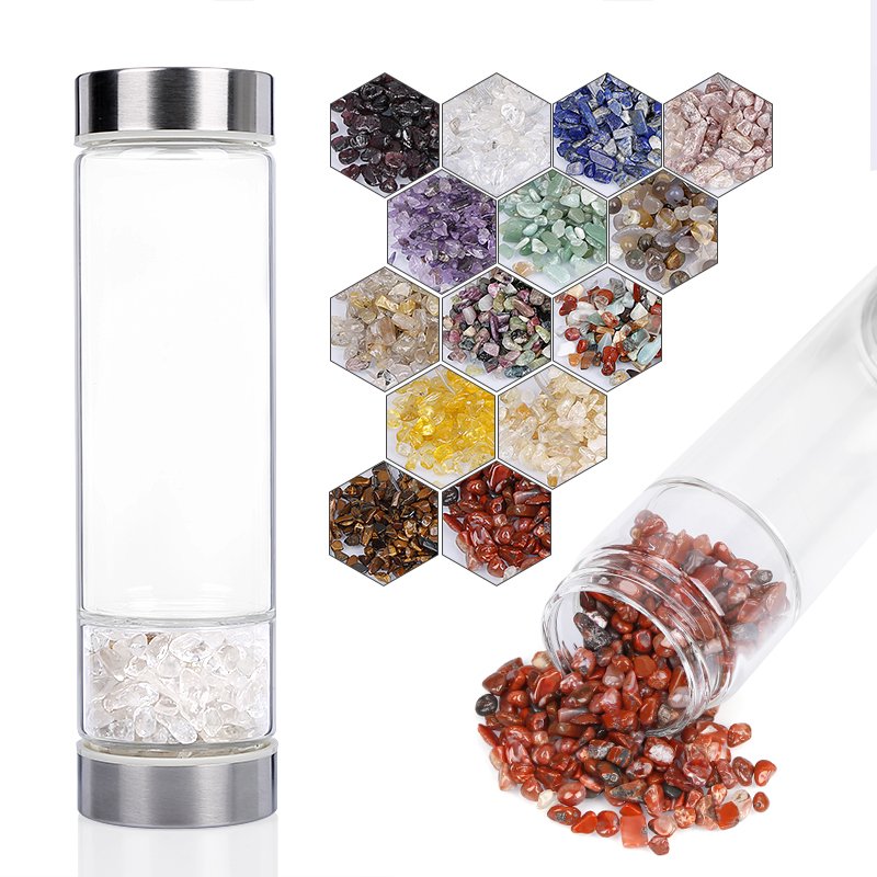 Newest Popular Fluorite Water Bottle, Energy Healing Crystal Gemstone Water Bottle, Stone Infused Stainless Steel Glass Bottle