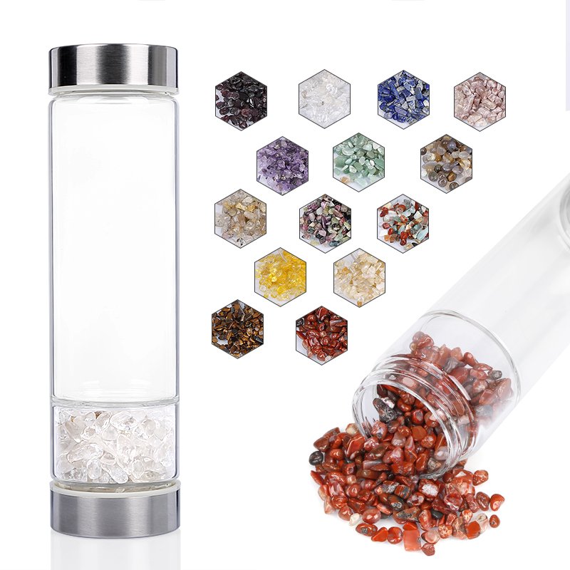 Newest Popular Fluorite Water Bottle, Energy Healing Crystal Gemstone Water Bottle, Stone Infused Stainless Steel Glass Bottle