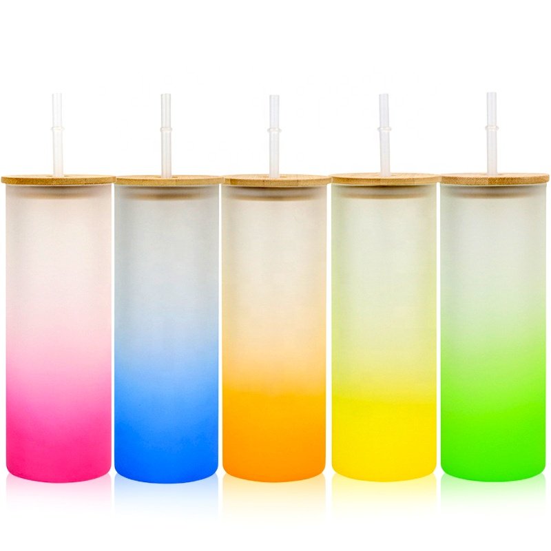 US Warehouse Gradient Colored Frosted Blank Sublimation 25oz Shaped Glass Beer Can With Bamboo Lid And Straw