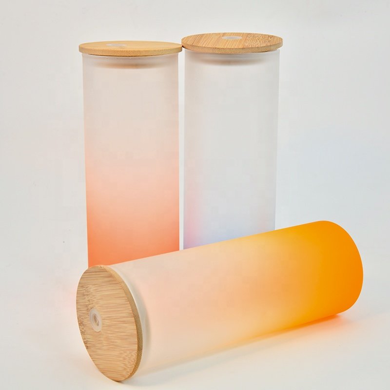 US Warehouse Gradient Colored Frosted Blank Sublimation 25oz Shaped Glass Beer Can With Bamboo Lid And Straw