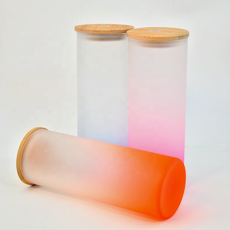 US Warehouse Gradient Colored Frosted Blank Sublimation 25oz Shaped Glass Beer Can With Bamboo Lid And Straw