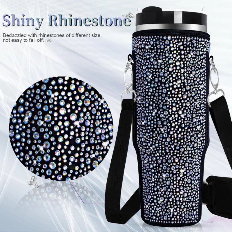 2024 New Bling Glitter Water Bottle Carrier Bag with Phone Pocket and Adjustable Strap Compatible with Tumbler 40oz Tumbler