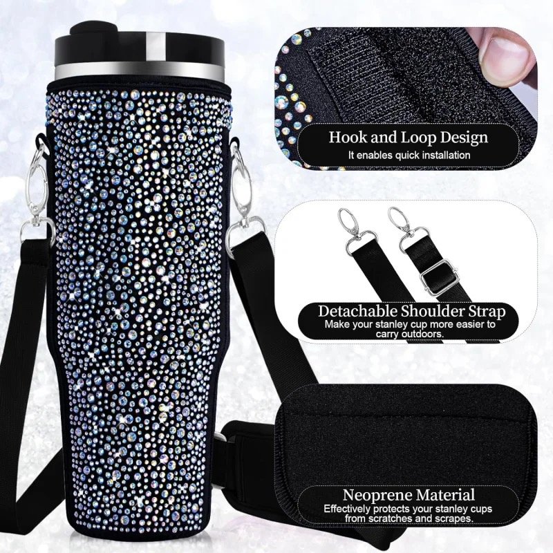 2024 New Bling Glitter Water Bottle Carrier Bag with Phone Pocket and Adjustable Strap Compatible with Tumbler 40oz Tumbler