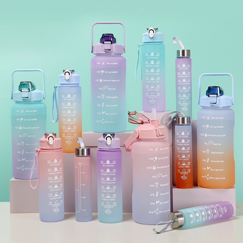 BPA Free Leakproof Portable Plastic Water Bottle Set with Time Maker Gradient Color Plastic Motivational Water Bottle