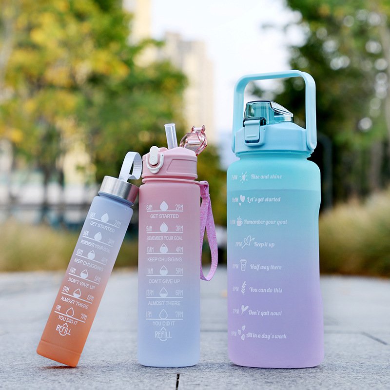 BPA Free Leakproof Portable Plastic Water Bottle Set with Time Maker Gradient Color Plastic Motivational Water Bottle