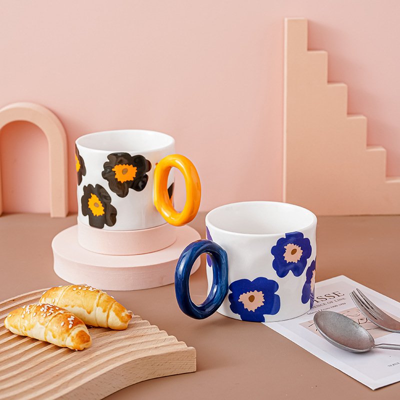 Ins Creative hand painted flower ceramic mug Big ears home office coffee mug